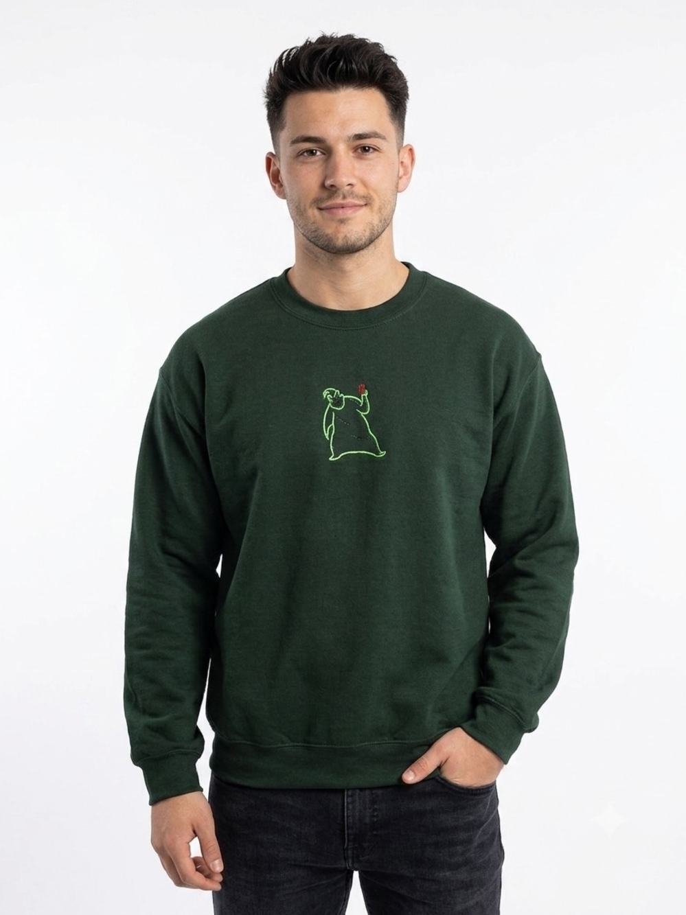 Gildan Dark Green Crewneck Sweater with Neon Green Oogie Boogie Graphic